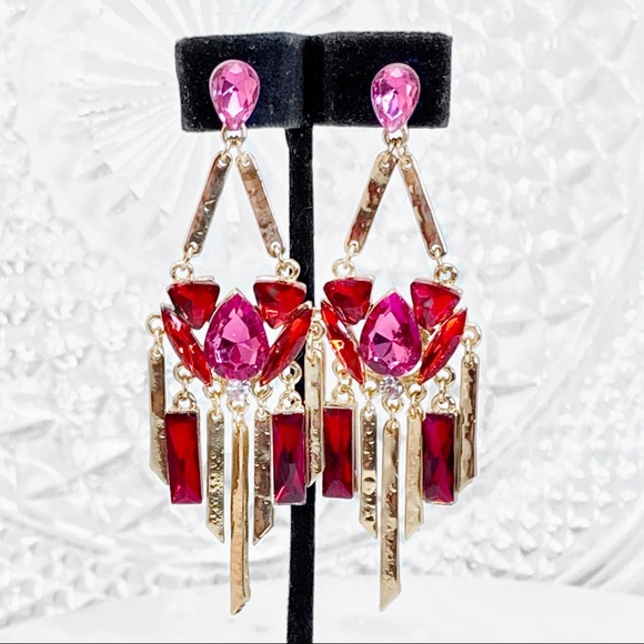 Prom Pageant Bridal Jewelry - Hammered Gold Red Pink Crystal Chandelier Earrings Prom Pageant Bridal Jewelry - Hammered Gold Red Pink Crystal Chandelier Earrings